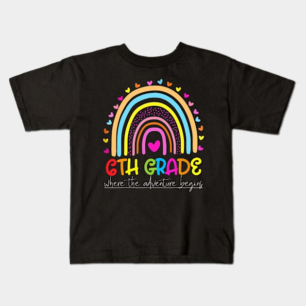 Rainbow 6th Grade Where The Adventure Begins Kids T-Shirt by Red and Black Floral